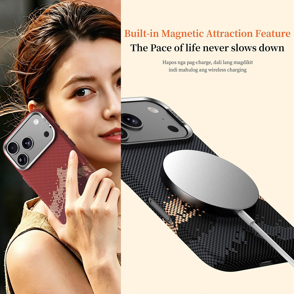 Compatible with iPhone 18 Pro Max SULADA Kevlar Pixel Grid Texture Magnetic Phone Case - Orange
