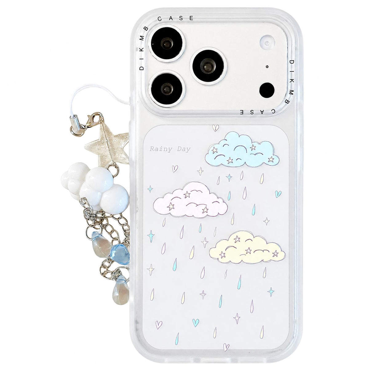 Compatible with iPhone 18 Pro & 17 Pro Skin Feel Frosted Cartoon Sticker Acrylic Phone Case with Pendant - Rainy Clouds