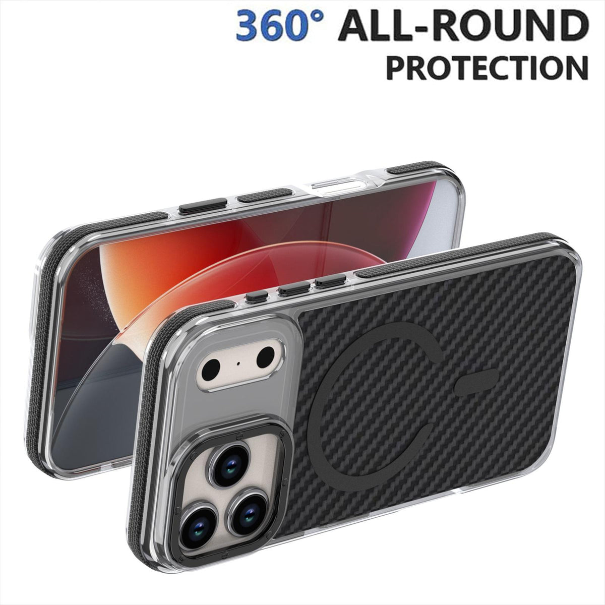 Compatible with iPhone 18 Pro Dual-Color Carbon Fiber Texture Magsafe Phone Case - Black