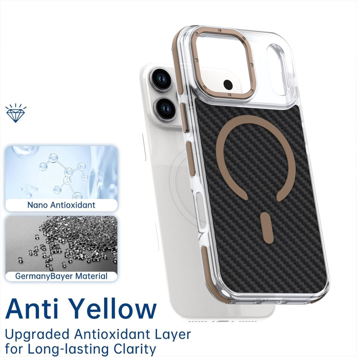 Compatible with iPhone 18 Pro Dual-Color Carbon Fiber Texture Magsafe Phone Case - Gold