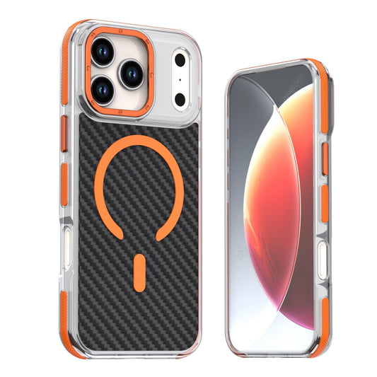 Compatible with iPhone 18 Pro Max Dual-Color Carbon Fiber Texture Magsafe Phone Case - Orange