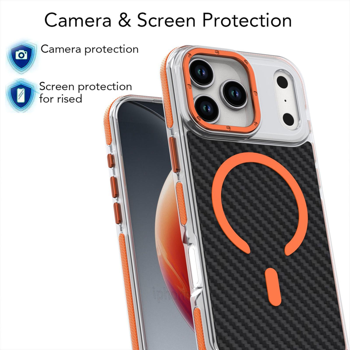 Compatible with iPhone 18 Pro Max Dual-Color Carbon Fiber Texture Magsafe Phone Case - Orange