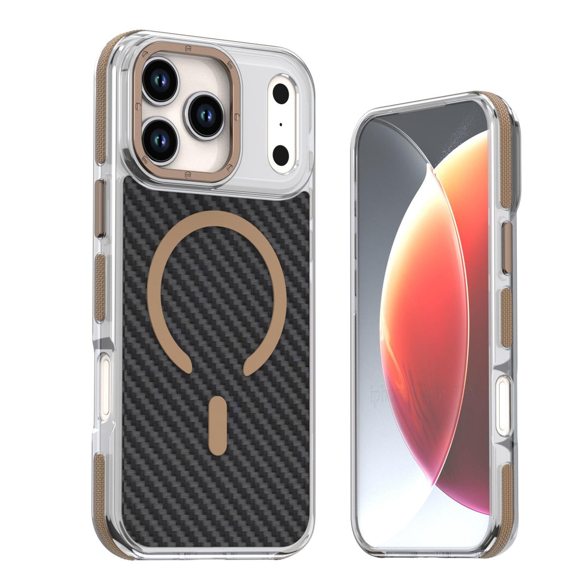 Compatible with iPhone 18 Pro Max Dual-Color Carbon Fiber Texture Magsafe Phone Case - Gold