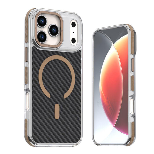Compatible with iPhone 18 Pro Max Dual-Color Carbon Fiber Texture Magsafe Phone Case - Gold