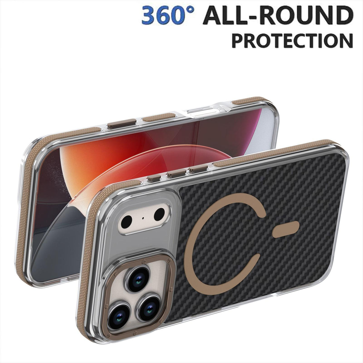 Compatible with iPhone 18 Pro Max Dual-Color Carbon Fiber Texture Magsafe Phone Case - Gold
