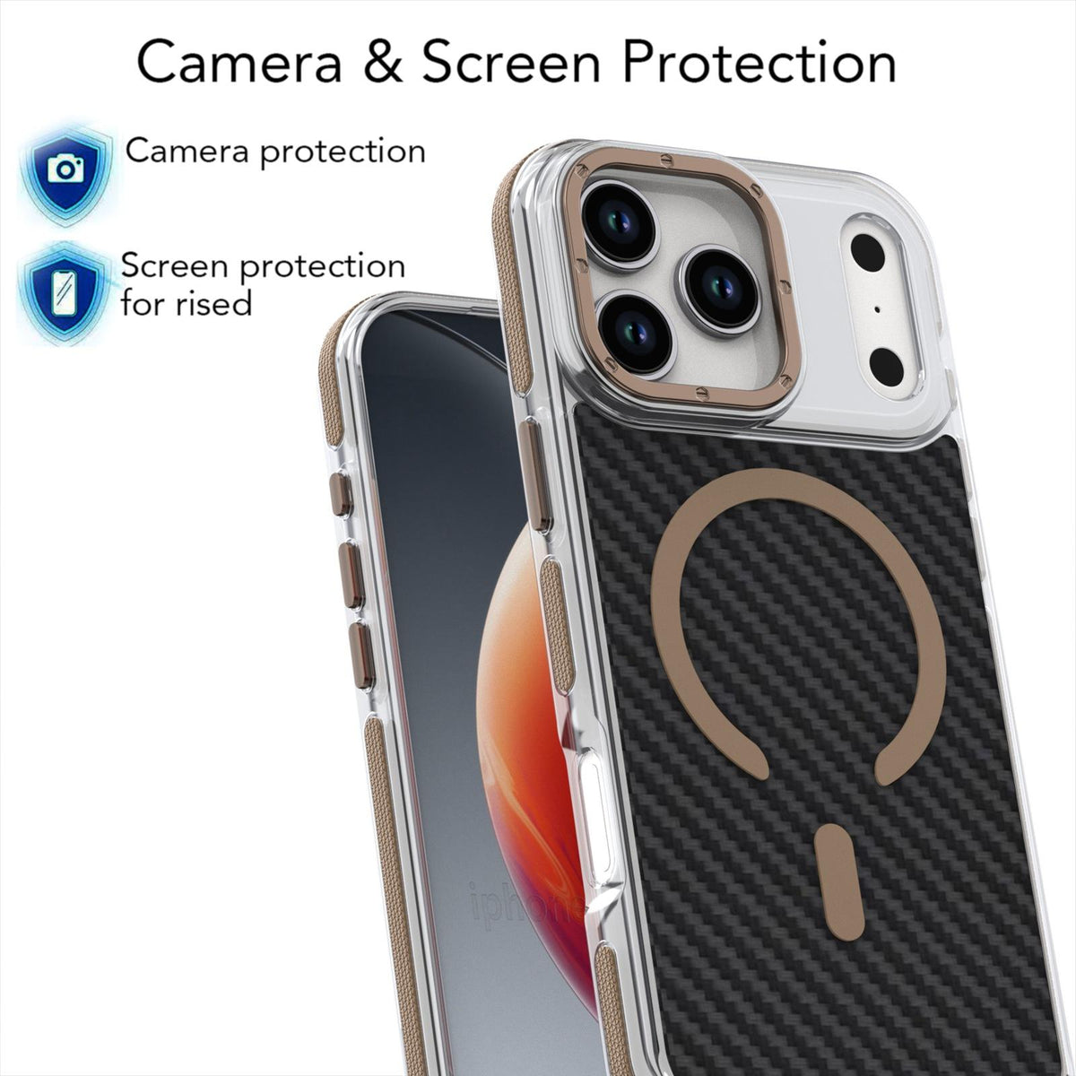 Compatible with iPhone 18 Pro Max Dual-Color Carbon Fiber Texture Magsafe Phone Case - Gold