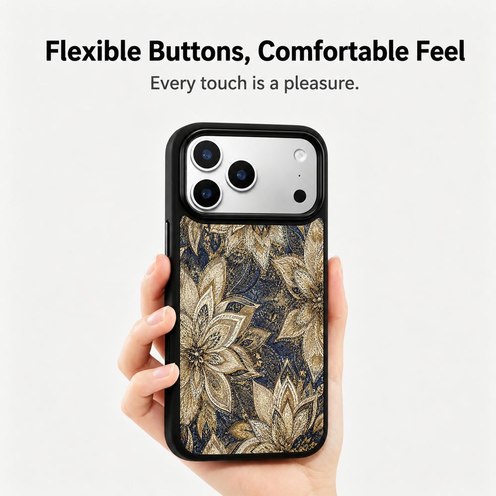 Compatible with iPhone 18 Pro Max & 17 Pro Max Gold Series PC Silicone Magnetic Phone Case - Golden Lotus Pattern