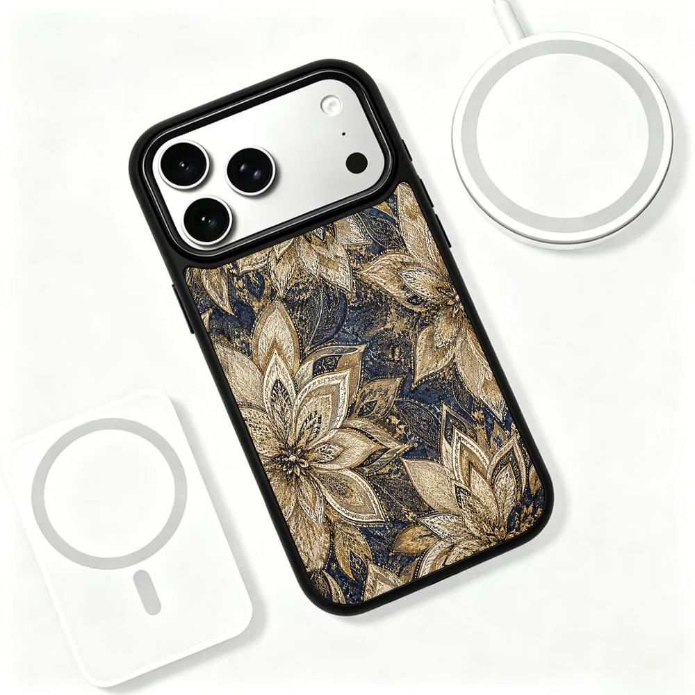 Compatible with iPhone 18 Pro Max & 17 Pro Max Gold Series PC Silicone Magnetic Phone Case - Golden Lotus Pattern