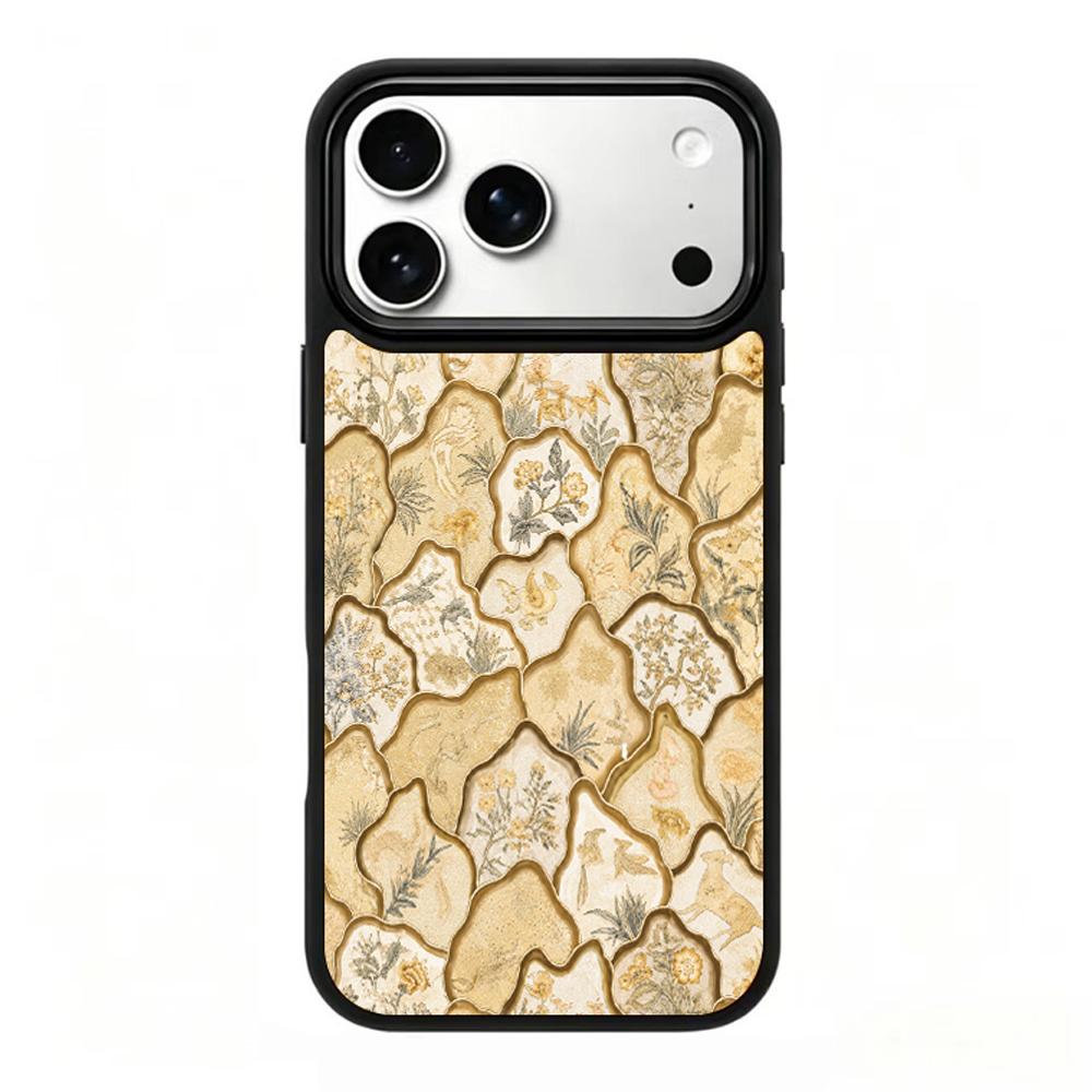 Compatible with iPhone 18 Pro Max & 17 Pro Max Gold Series PC Silicone Magnetic Phone Case - Golden Floral Porcelain