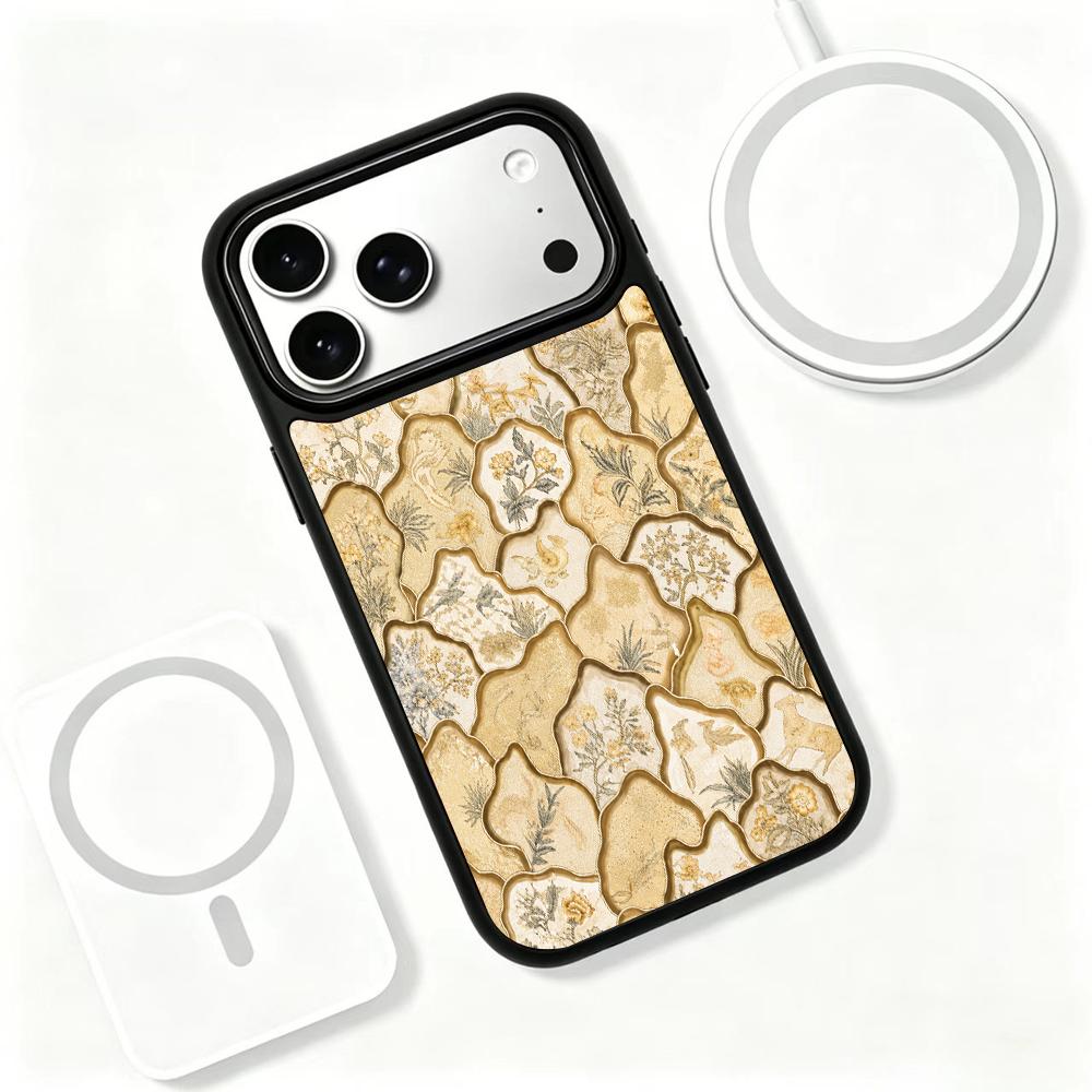 Compatible with iPhone 18 Pro Max & 17 Pro Max Gold Series PC Silicone Magnetic Phone Case - Golden Floral Porcelain