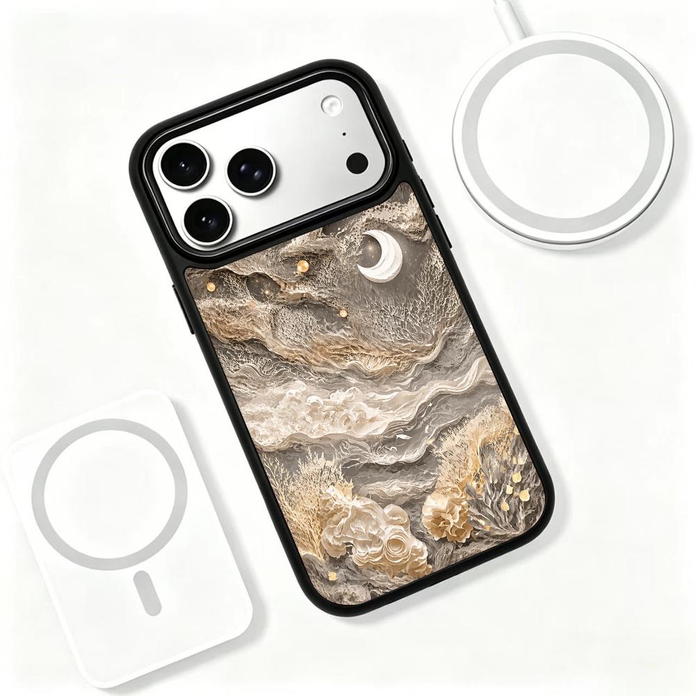 Compatible with iPhone 18 Pro & 17 Pro Gold Series PC Silicone Magnetic Phone Case - Golden Moon Ripples