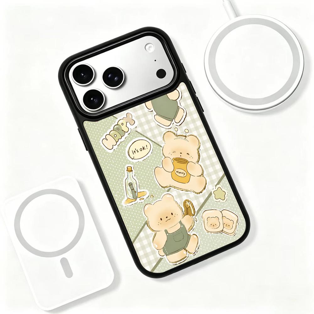 Compatible with iPhone 18 Pro & 17 Pro Wood Series PC Silicone Magnetic Phone Case - Wood Honey Bear