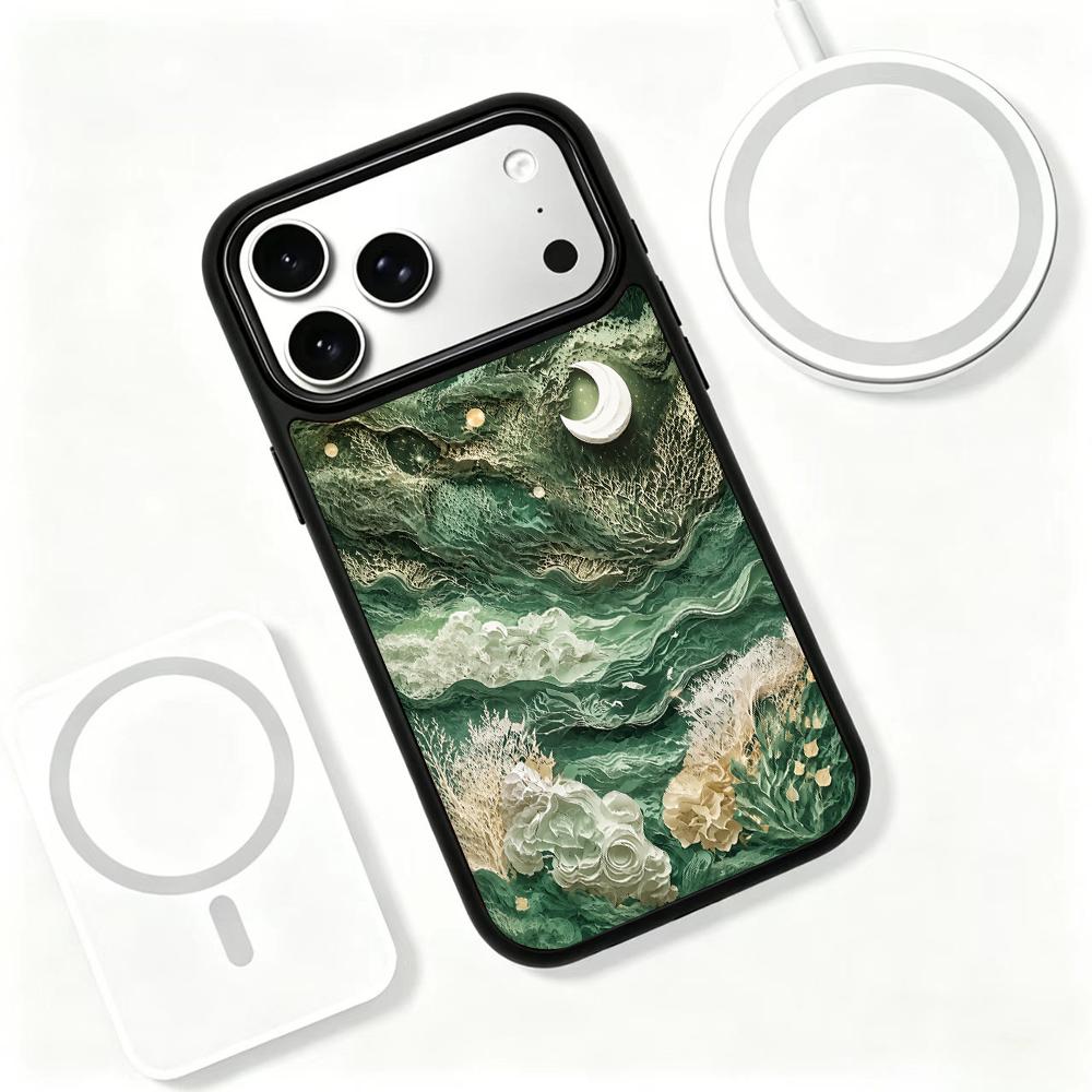 Compatible with iPhone 18 Pro & 17 Pro Wood Series PC Silicone Magnetic Phone Case - Timber Moon Waves