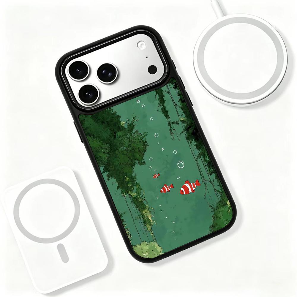 Compatible with iPhone 18 Pro Max & 17 Pro Max Colorful Painting PC Silicone Magnetic Phone Case - Fish Swimming in The Compatible withest