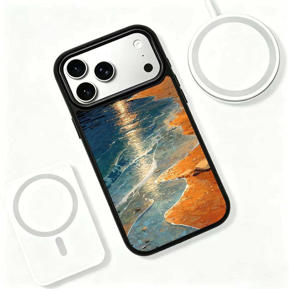 Compatible with iPhone 18 Pro Max & 17 Pro Max Colorful Painting PC Silicone Magnetic Phone Case - Glowing Coast