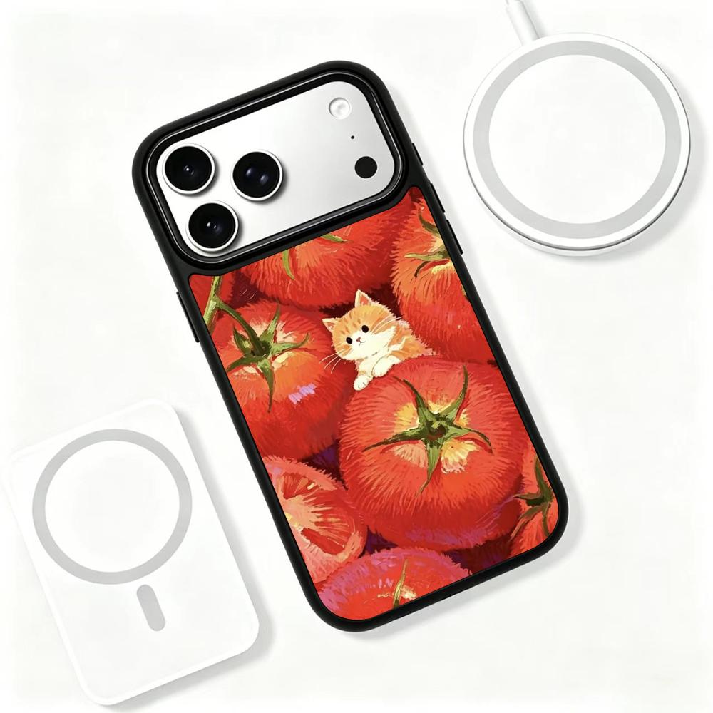 Compatible with iPhone 18 Pro Max & 17 Pro Max Colorful Painting PC Silicone Magnetic Phone Case - Tomato Orange Cat