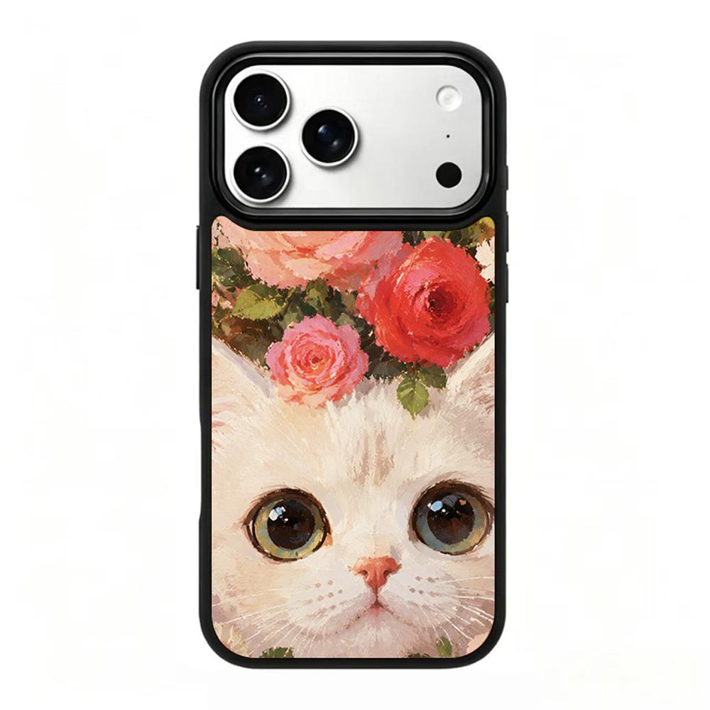 Compatible with iPhone 18 Pro Max & 17 Pro Max Colorful Painting PC Silicone Magnetic Phone Case - Rose White Cat