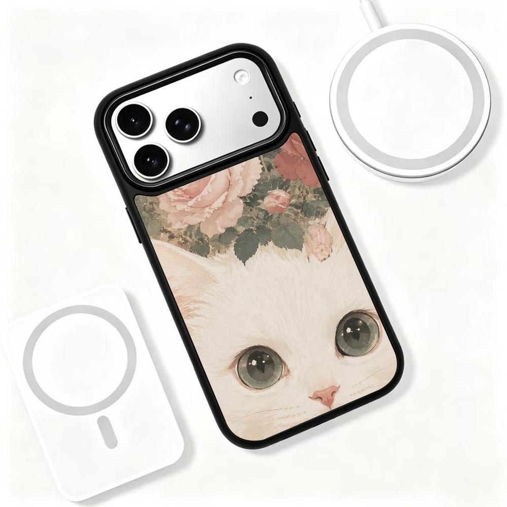 Compatible with iPhone 18 Pro Max & 17 Pro Max Colorful Painting PC Silicone Magnetic Phone Case - Light Pink Rose Cat