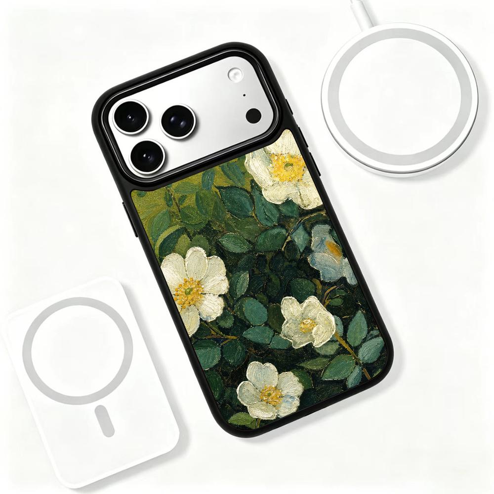 Compatible with iPhone 18 Pro Max & 17 Pro Max Colorful Painting PC Silicone Magnetic Phone Case - Wild White Rose Texture Painting