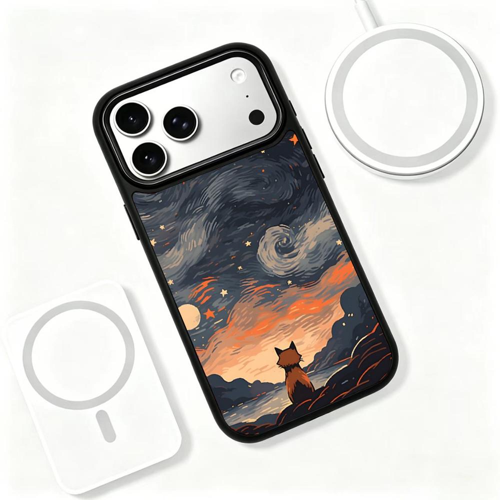 Compatible with iPhone 18 Pro & 17 Pro Colorful Painting PC Silicone Magnetic Phone Case - Starry Night Fox