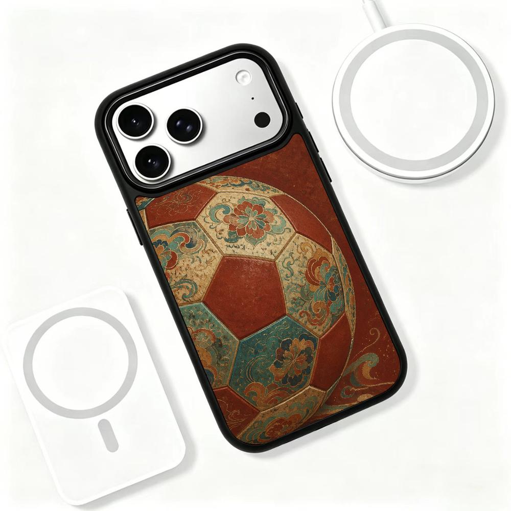Compatible with iPhone 18 Pro & 17 Pro Colorful Painting PC Silicone Magnetic Phone Case - Chinese Style Floral Soccer Ball