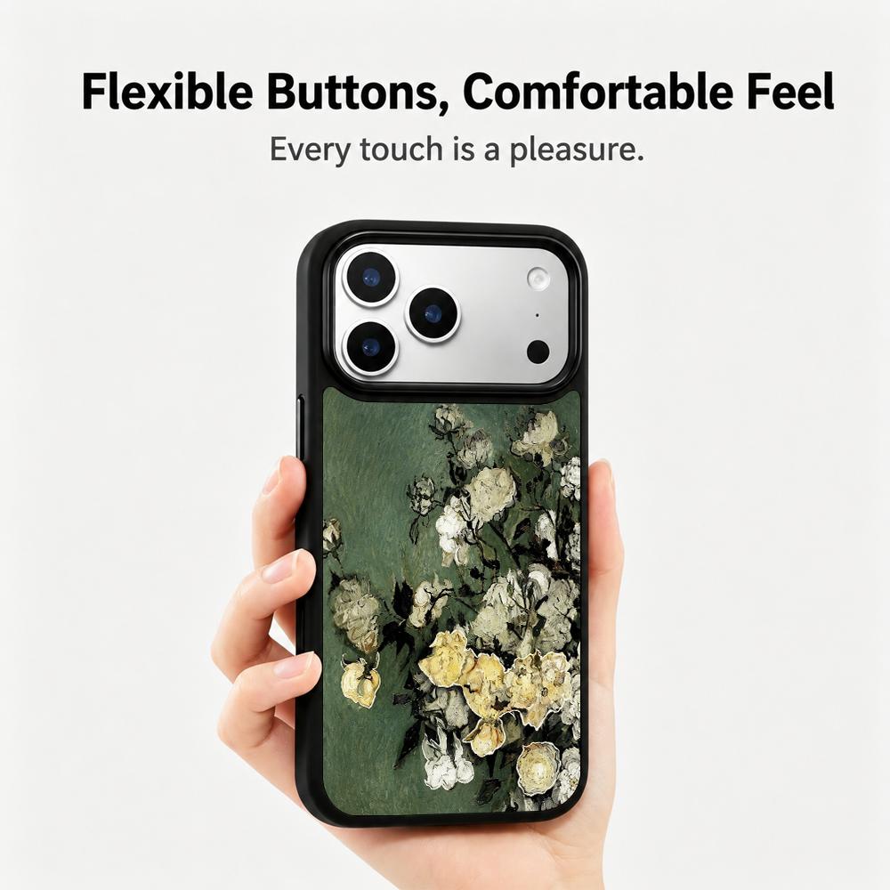 Compatible with iPhone 18 Pro Max & 17 Pro Max Colorful Painting PC Silicone Magnetic Phone Case - White Rose Texture Painting