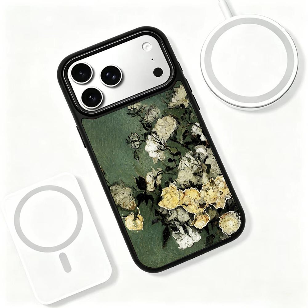 Compatible with iPhone 18 Pro Max & 17 Pro Max Colorful Painting PC Silicone Magnetic Phone Case - White Rose Texture Painting