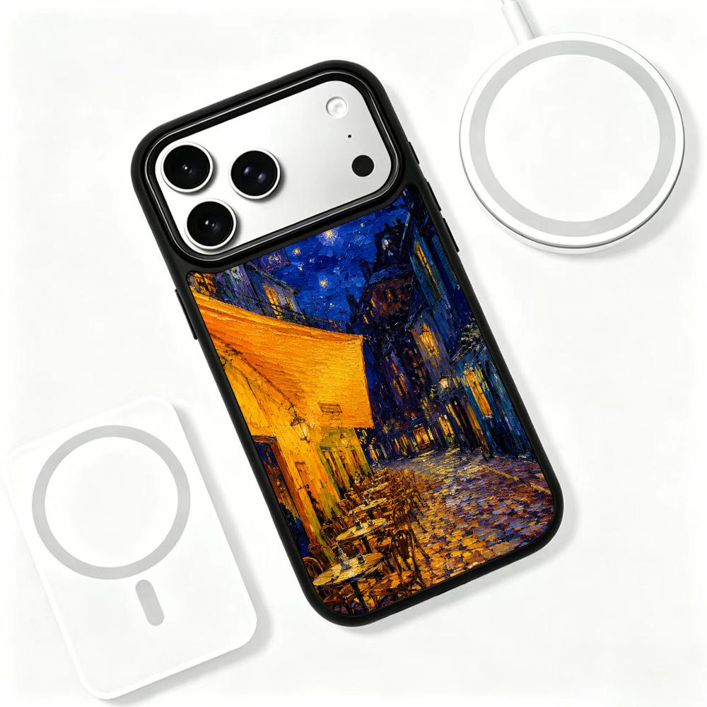 Compatible with iPhone 18 Pro Max & 17 Pro Max Colorful Painting PC Silicone Magnetic Phone Case - Street Side Night Cafes