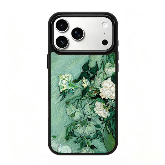 Compatible with iPhone 18 Pro Max & 17 Pro Max Colorful Painting PC Silicone Magnetic Phone Case - Light Colored Bluish White Rose