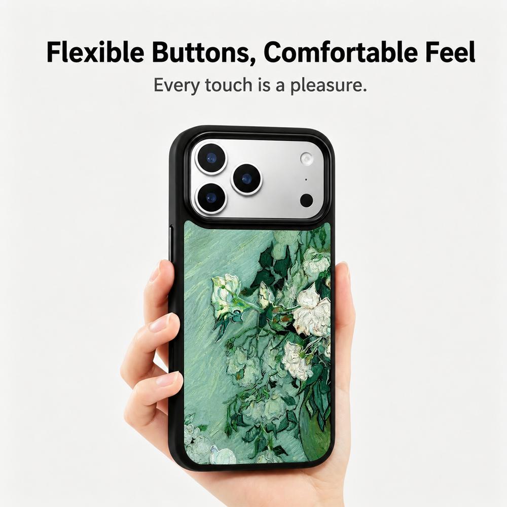 Compatible with iPhone 18 Pro Max & 17 Pro Max Colorful Painting PC Silicone Magnetic Phone Case - Light Colored Bluish White Rose