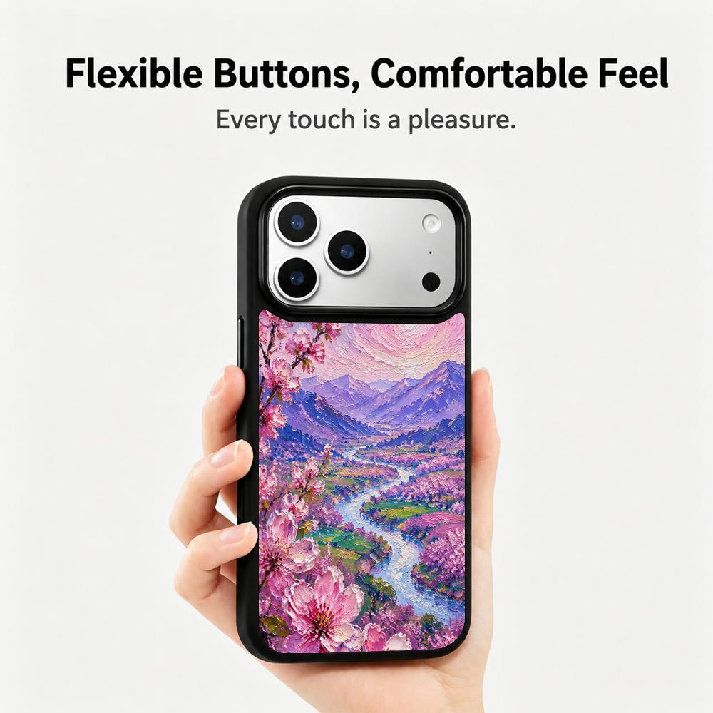 Compatible with iPhone 18 Pro Max & 17 Pro Max Colorful Painting PC Silicone Magnetic Phone Case - Pink Cherry Valley Secret Realm