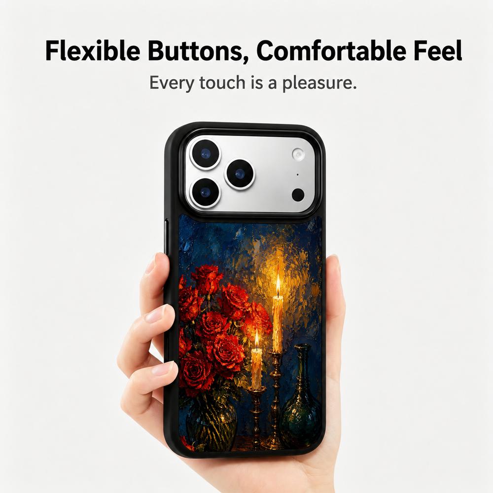 Compatible with iPhone 18 Pro Max & 17 Pro Max Colorful Painting PC Silicone Magnetic Phone Case - Candlelight Red Rose