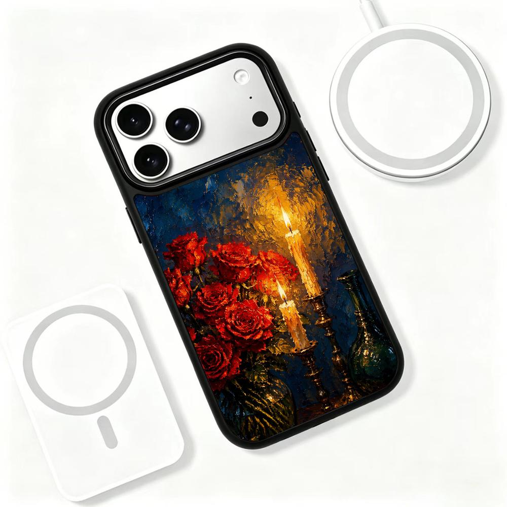 Compatible with iPhone 18 Pro Max & 17 Pro Max Colorful Painting PC Silicone Magnetic Phone Case - Candlelight Red Rose