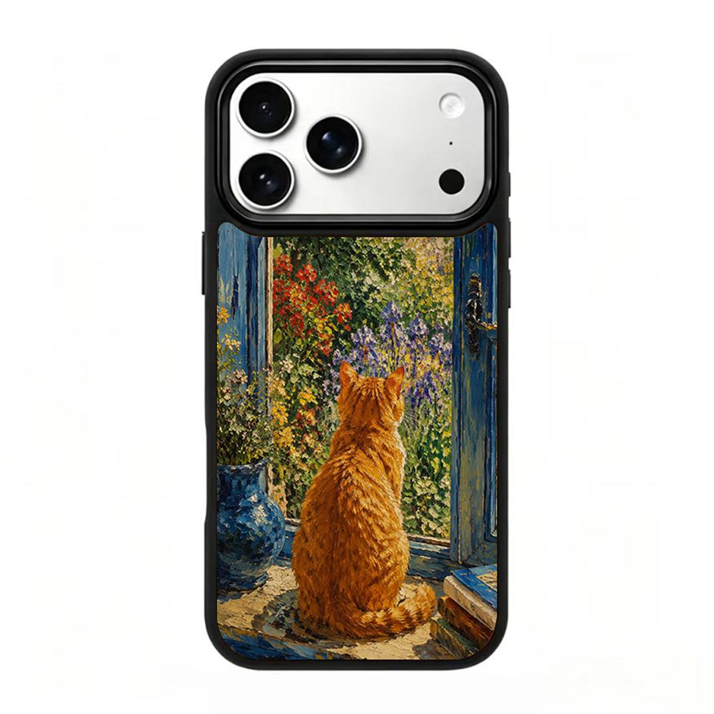 Compatible with iPhone 18 Pro Max & 17 Pro Max Colorful Painting PC Silicone Magnetic Phone Case - Orange Cat by The Window