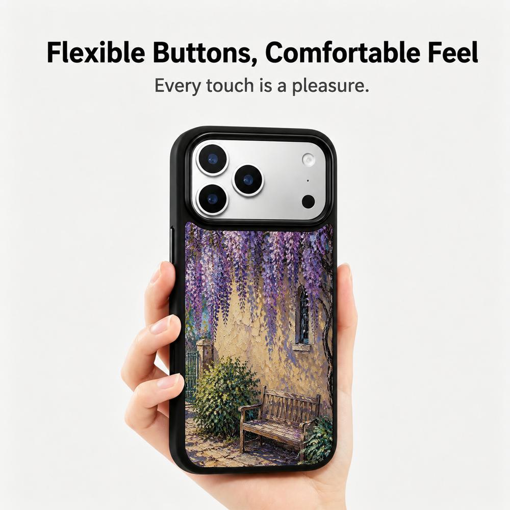 Compatible with iPhone 18 Pro Max & 17 Pro Max Colorful Painting PC Silicone Magnetic Phone Case - Courtyard Wisteria Wood Chair