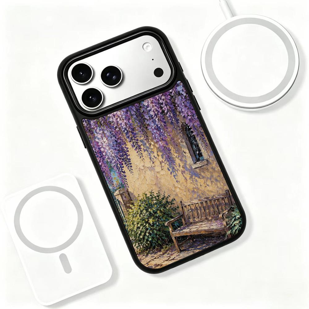 Compatible with iPhone 18 Pro Max & 17 Pro Max Colorful Painting PC Silicone Magnetic Phone Case - Courtyard Wisteria Wood Chair