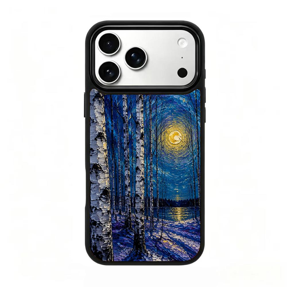 Compatible with iPhone 18 Pro Max & 17 Pro Max Colorful Painting PC Silicone Magnetic Phone Case - Moonlit Birch Trees by The Lake