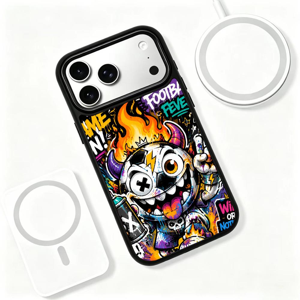 Compatible with iPhone 18 Pro Max & 17 Pro Max Colorful Painting PC Silicone Magnetic Phone Case - Trendy Devil Soccer Graffiti