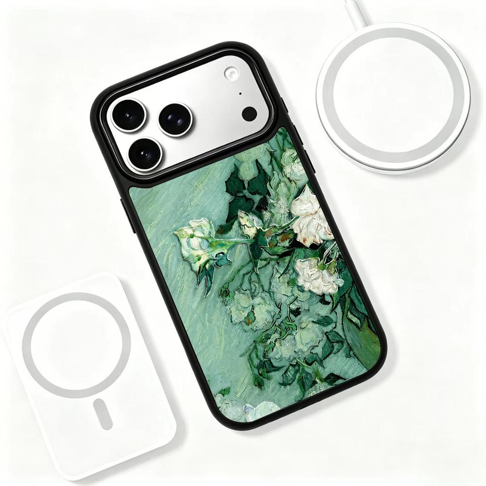 Compatible with iPhone 18 Pro & 17 Pro Colorful Painting PC Silicone Magnetic Phone Case - Light Colored Bluish White Rose