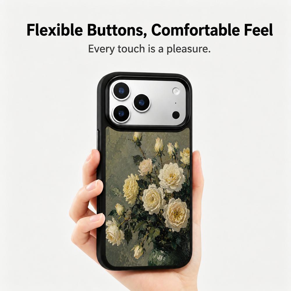 Compatible with iPhone 18 Pro & 17 Pro Colorful Painting PC Silicone Magnetic Phone Case - Grayish White Rose Vase