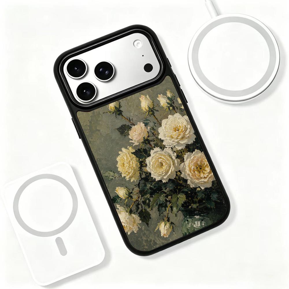 Compatible with iPhone 18 Pro & 17 Pro Colorful Painting PC Silicone Magnetic Phone Case - Grayish White Rose Vase
