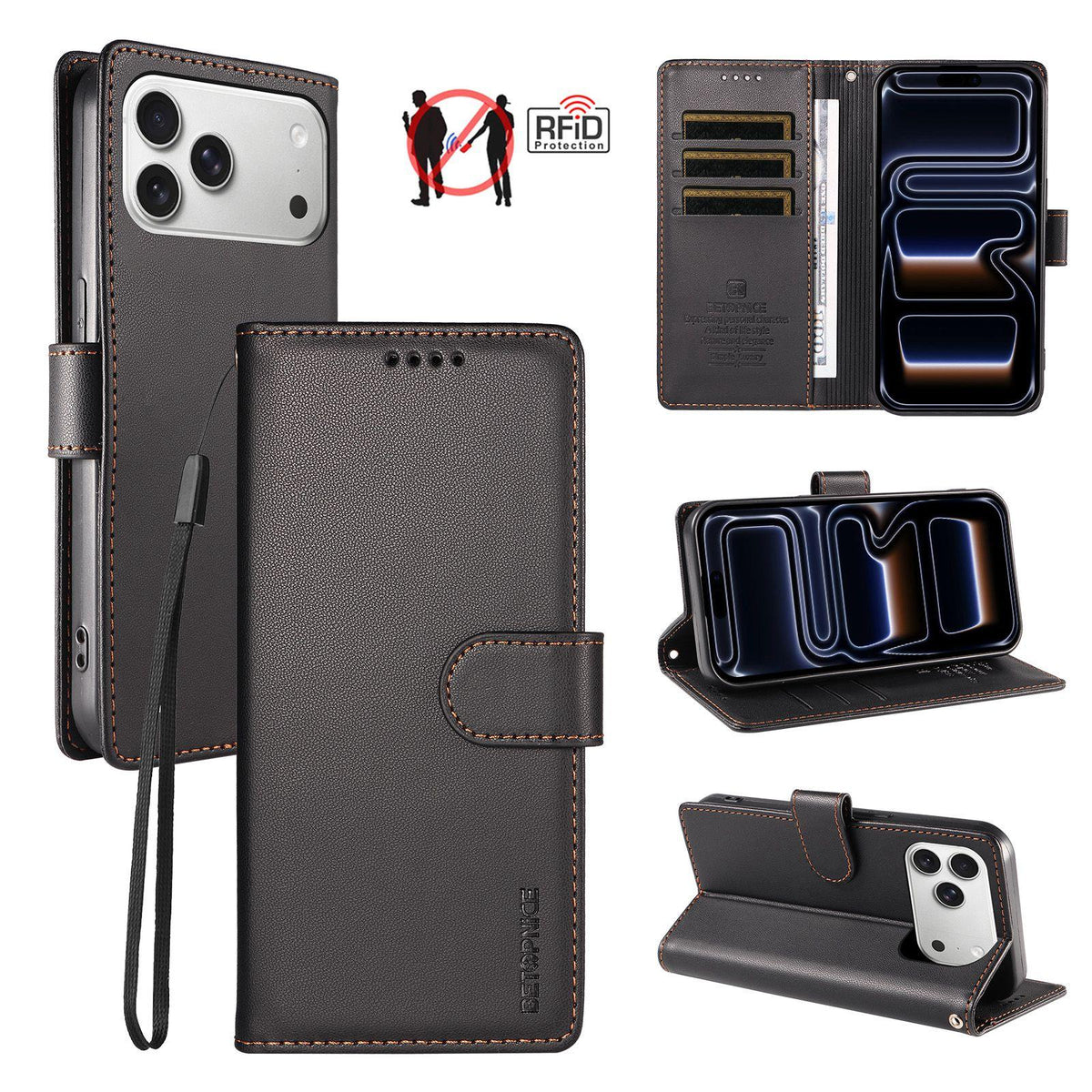 Compatible with iPhone 18 Pro Max BETOPNICE Pearlescent RFID Vegan Leather Phone Case with Strap - Black