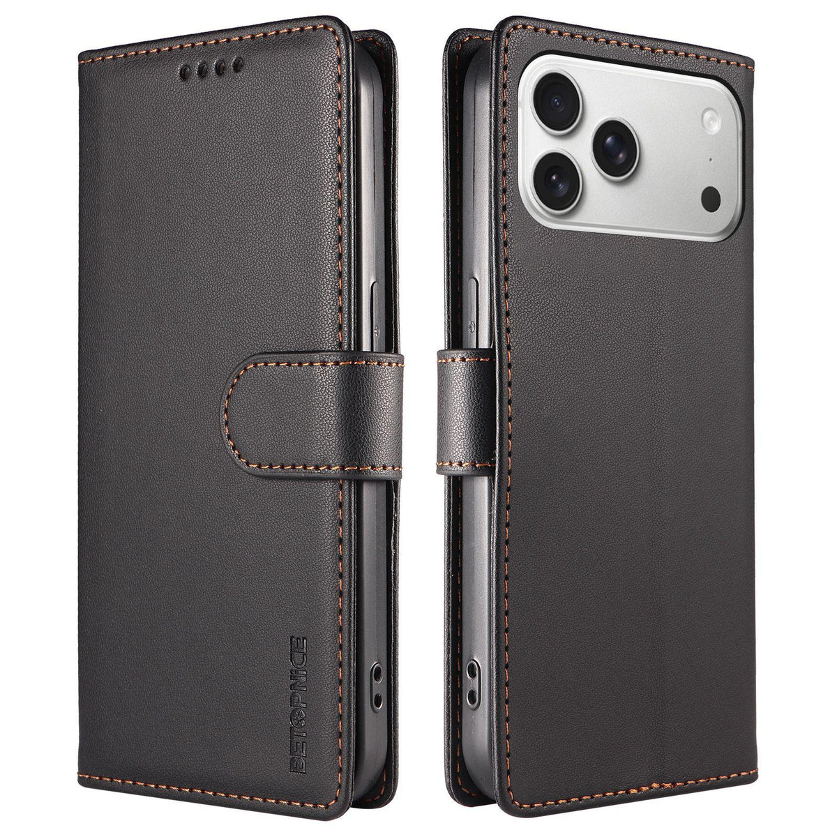 Compatible with iPhone 18 Pro Max BETOPNICE Pearlescent RFID Vegan Leather Phone Case with Strap - Black