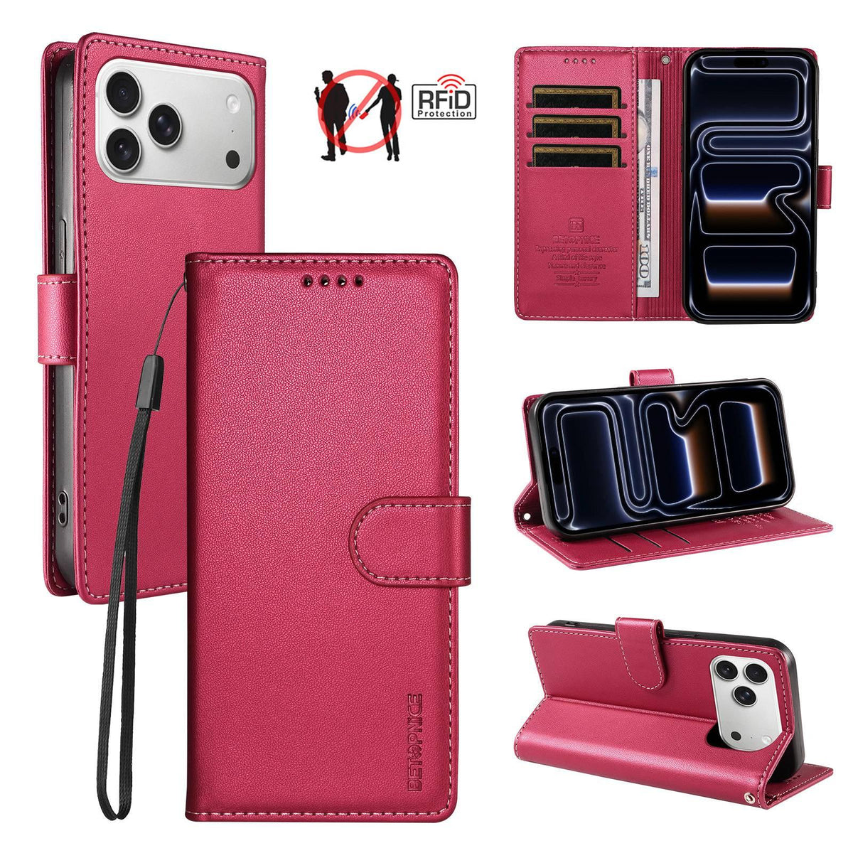 Compatible with iPhone 18 Pro Max BETOPNICE Pearlescent RFID Vegan Leather Phone Case with Strap - Red