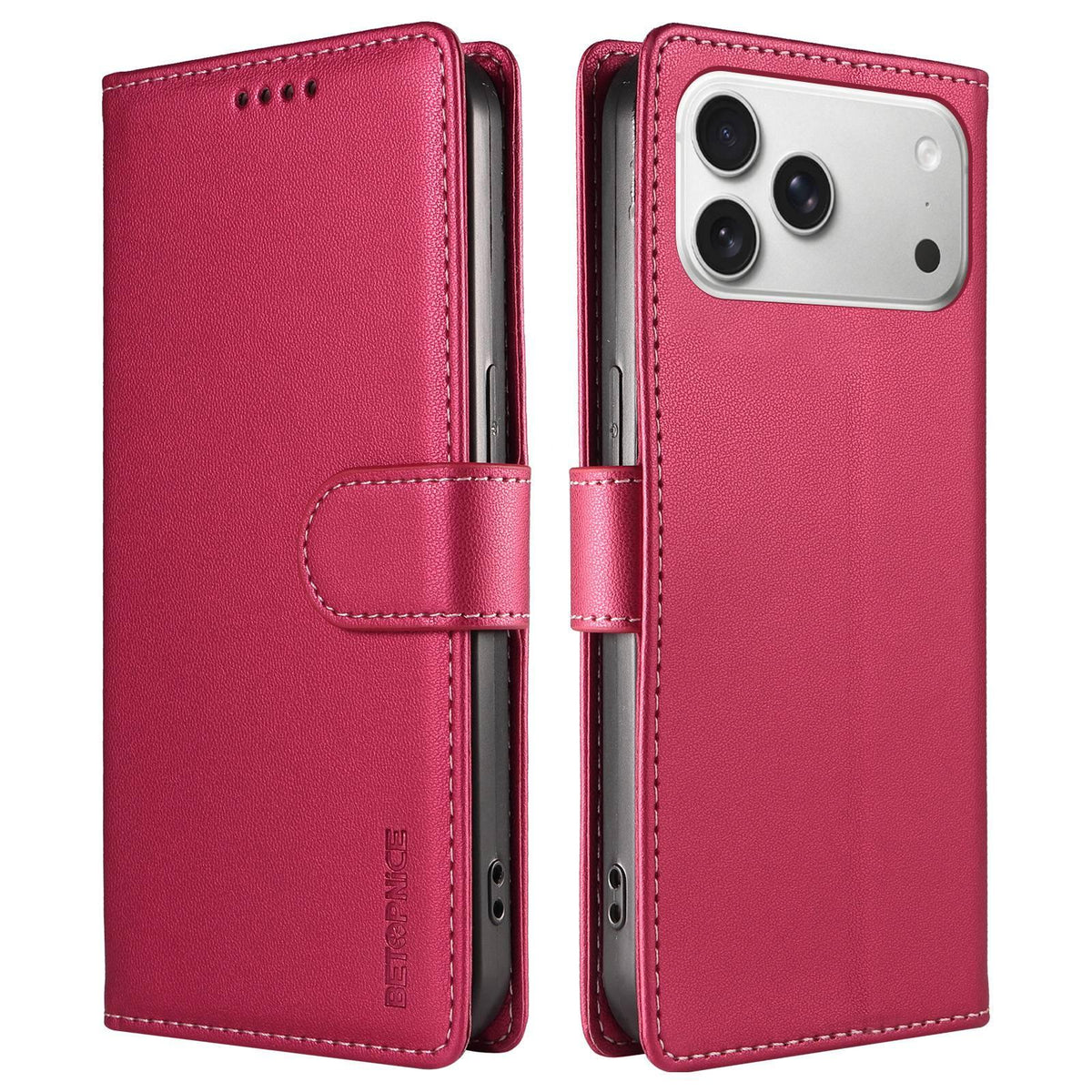 Compatible with iPhone 18 Pro Max BETOPNICE Pearlescent RFID Vegan Leather Phone Case with Strap - Red