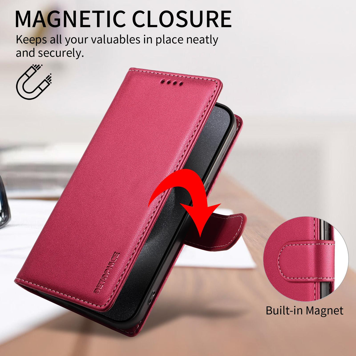 Compatible with iPhone 18 Pro Max BETOPNICE Pearlescent RFID Vegan Leather Phone Case with Strap - Red