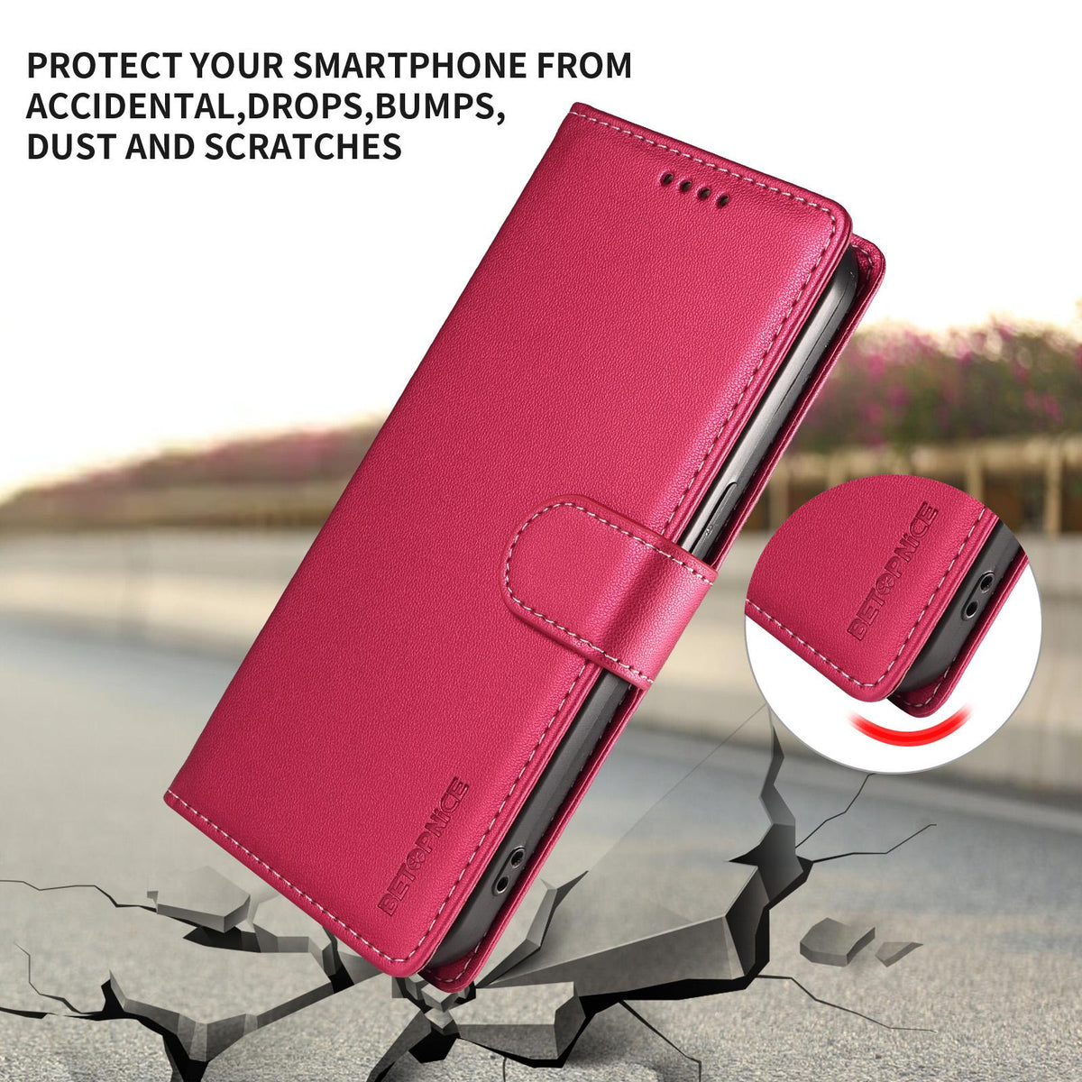 Compatible with iPhone 18 Pro Max BETOPNICE Pearlescent RFID Vegan Leather Phone Case with Strap - Red