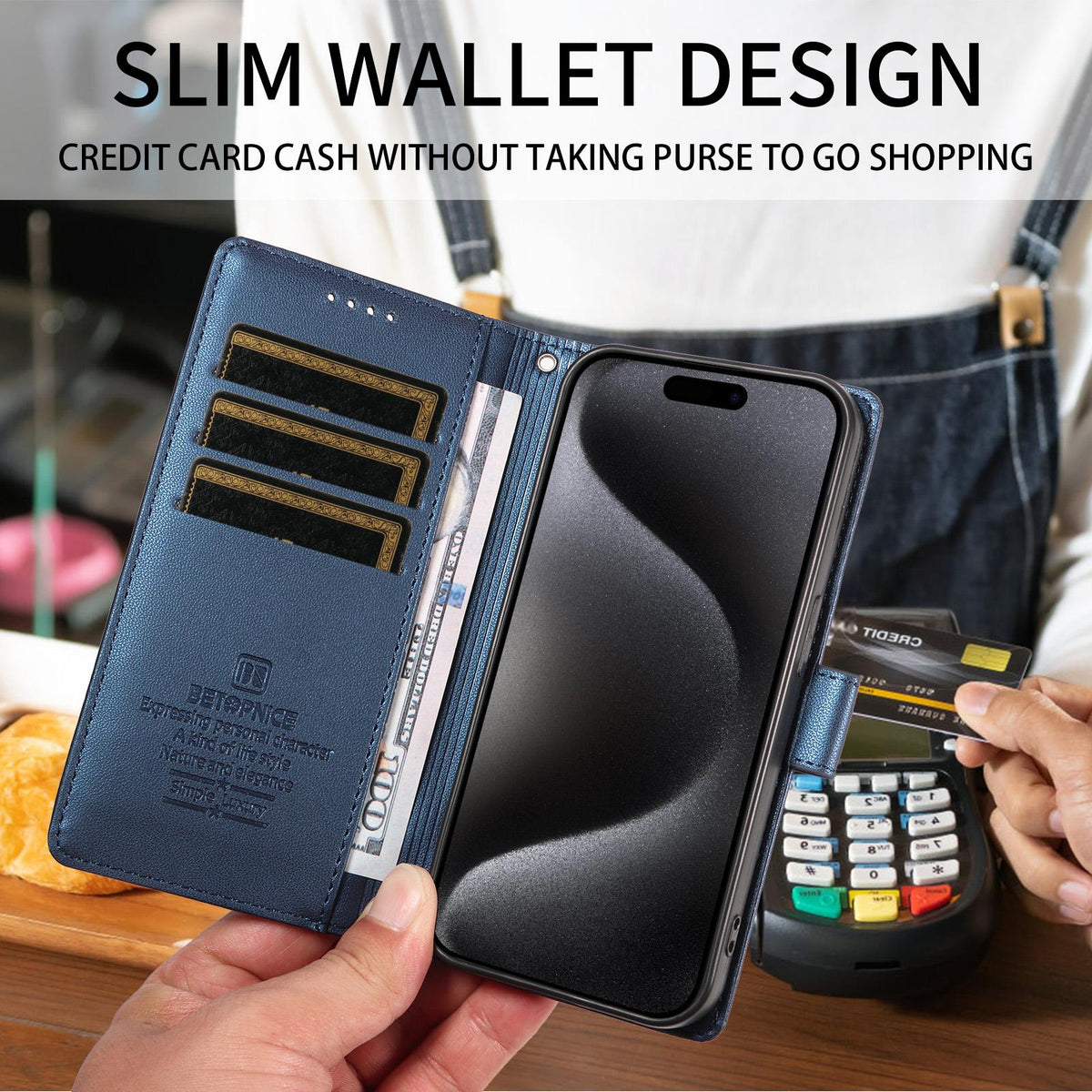 Compatible with iPhone 18 Pro Max BETOPNICE Pearlescent RFID Vegan Leather Phone Case with Strap - Blue