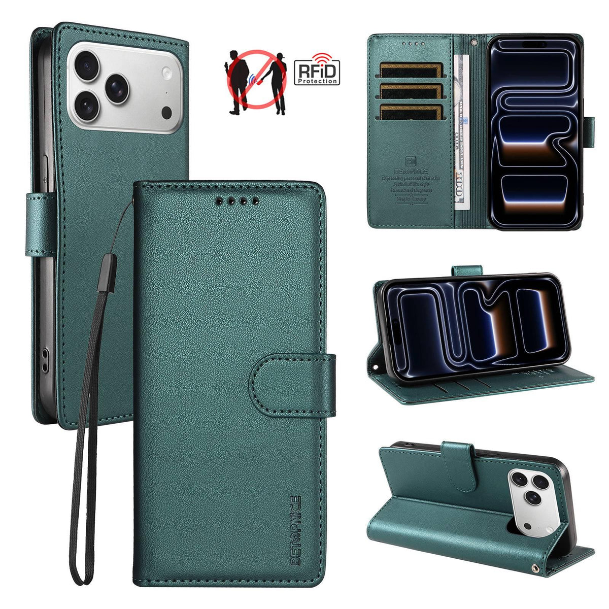 Compatible with iPhone 18 Pro Max BETOPNICE Pearlescent RFID Vegan Leather Phone Case with Strap - Green