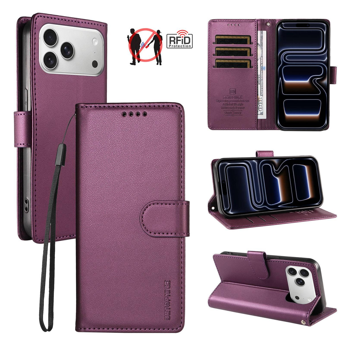 Compatible with iPhone 18 Pro Max BETOPNICE Pearlescent RFID Vegan Leather Phone Case with Strap - Purple